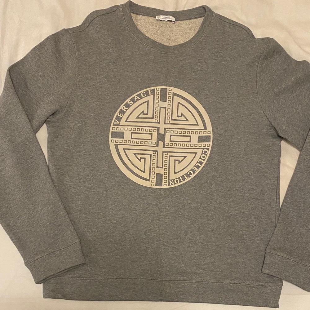 Versace Gray Crewneck Sweater with Cream Logo